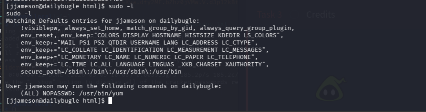 sudo -l showing jjameson can run /usr/bin/yum as root with no password